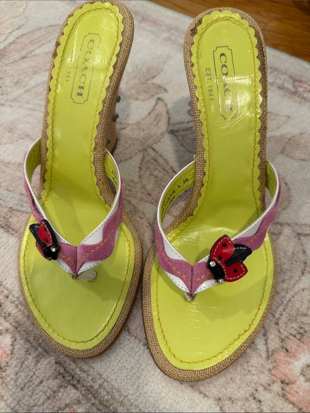 Coach Yellow & Pink Ladybug Wedge Thong Sandals